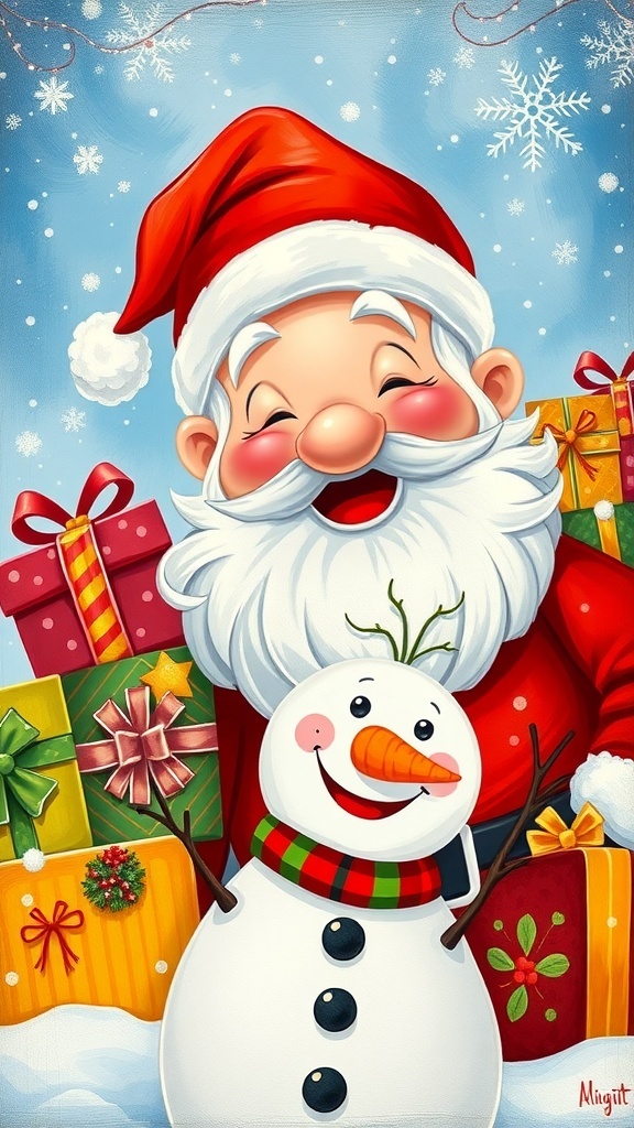 A cartoon painting of Santa Claus with gifts and a snowman in a festive winter scene.